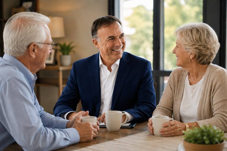 Eric Breslin talking with a senior couple over coffee at a kitchen table